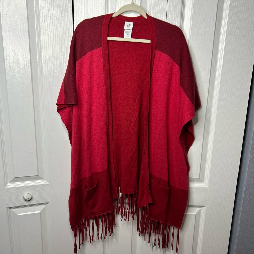 CAbi Women’s Firebrick Red Colorblock Fringe‎ Poncho Wrap Cape Sweater Size XS/S